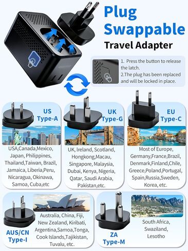 محول جهد كهربائي، محول 220 فولت إلى 110 فولت، محول سفر عالمي، محول طاقة من أمريكا إلى أوروبا مع قابس المملكة المتحدة/الاتحاد الأوروبي/الاتحاد الأفريقي/M، لمجفف الشعر مع 2 USB A و2 USB C in Kuwait