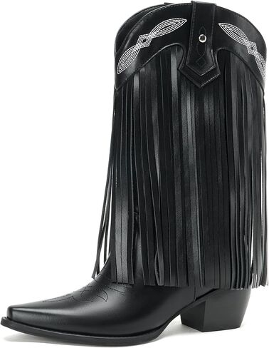 Cozivwaiy هامش أحذية رعاة البقر للنساء مطرزة منتصف العجل أحذية راعية البقر الانزلاق على أشار تو كعب مكتنز الأحذية الغربية in Kuwait