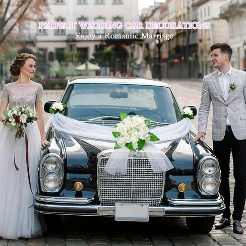 مجموعة ديكورات زفاف السيارة، ملصقات زهور لديكورات سيارات الزفاف، ديكورات زفاف شهر العسل للسيارة، دعامات صور لحفلات الزفاف، أبيض in Kuwait