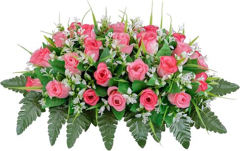 2 Sets Artificial Cemetery Flowers, Yellow and Red Realistic Roses Bouquet, Outdoor Grave Decorations with Non-Bleed Colors, Accompanied by 2 Long Nail Vases (Yellow+Red) in Kuwait