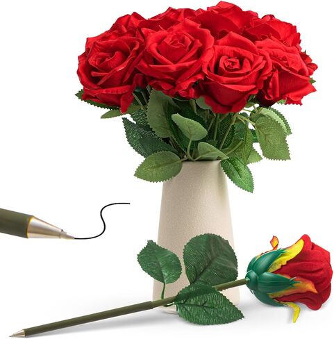 12 Pcs Valentines Rose Flower Pens with Vase Holder, Rose Flower Ballpoint, Mother's Day Set Artificial Plant Pens for Mom Sister Friend Grandma Nurse Gifts Supplies Wedding Decoration in Saudi Arabia