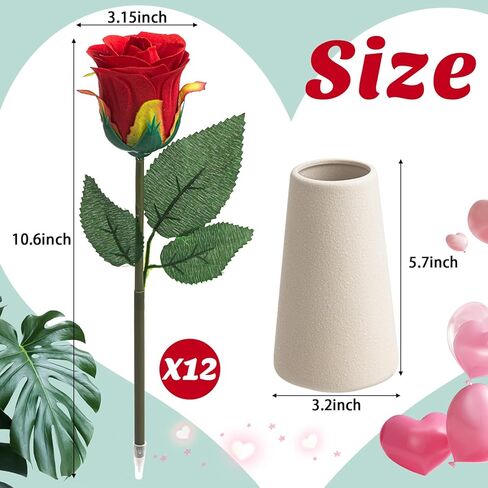 12 Pcs Valentines Rose Flower Pens with Vase Holder, Rose Flower Ballpoint, Mother's Day Set Artificial Plant Pens for Mom Sister Friend Grandma Nurse Gifts Supplies Wedding Decoration in Saudi Arabia