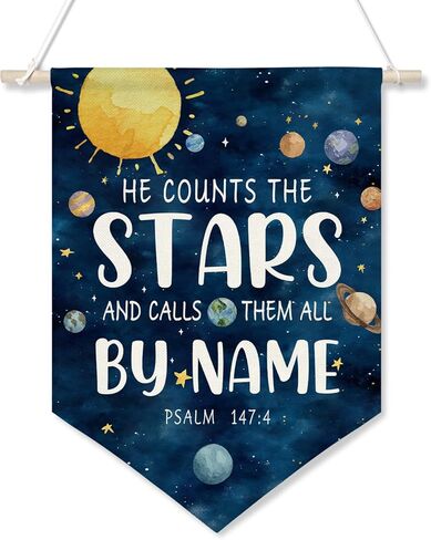 Christ Bible Verse Wall Art - He Counts the Stars and Calls Them All by Name Wall Banner, Space Theme Canvas Hanging Flag Decor, Blue Scripture Triangular Poster for Classroom Playroom Nursery Decor16x11 inches (Blue-Psalm 147:4) in Saudi Arabia