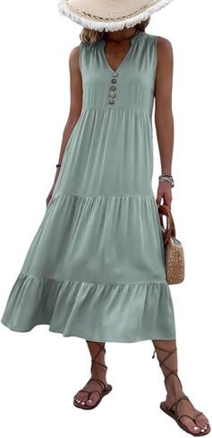 Scacto Womens Summer Tank Dress V Neck Ruffle Hem Maxi Dresses Flowy Tiered Boho Beach Vacation Sundress in Kuwait