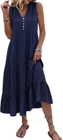 Scacto Womens Summer Tank Dress V Neck Ruffle Hem Maxi Dresses Flowy Tiered Boho Beach Vacation Sundress in Saudi Arabia