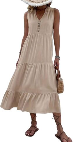 Scacto Womens Summer Tank Dress V Neck Ruffle Hem Maxi Dresses Flowy Tiered Boho Beach Vacation Sundress in Saudi Arabia