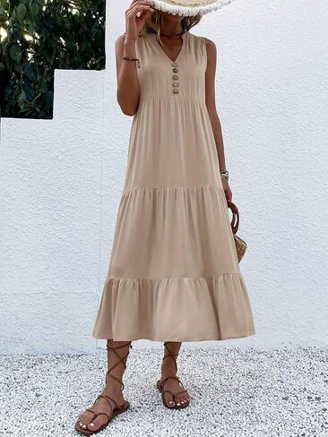 Scacto Womens Summer Tank Dress V Neck Ruffle Hem Maxi Dresses Flowy Tiered Boho Beach Vacation Sundress in Saudi Arabia