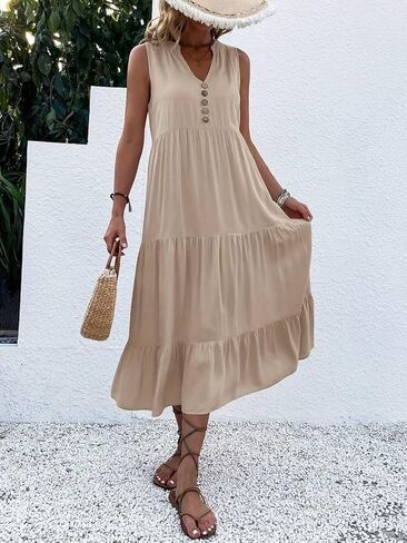 Scacto Womens Summer Tank Dress V Neck Ruffle Hem Maxi Dresses Flowy Tiered Boho Beach Vacation Sundress in Saudi Arabia
