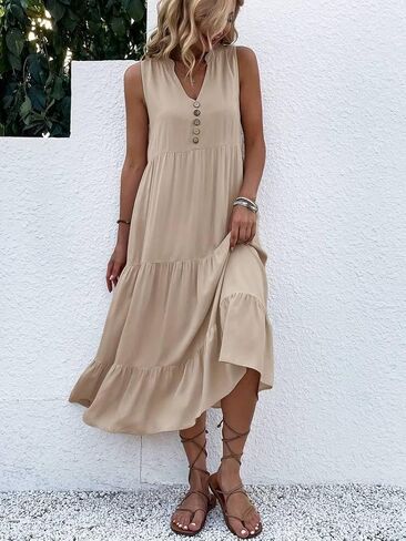 Scacto Womens Summer Tank Dress V Neck Ruffle Hem Maxi Dresses Flowy Tiered Boho Beach Vacation Sundress in Saudi Arabia