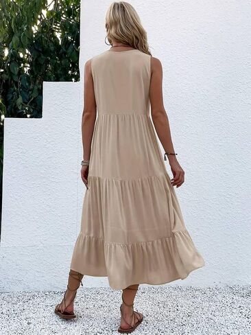 Scacto Womens Summer Tank Dress V Neck Ruffle Hem Maxi Dresses Flowy Tiered Boho Beach Vacation Sundress in Saudi Arabia