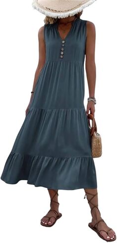 Scacto Womens Summer Tank Dress V Neck Ruffle Hem Maxi Dresses Flowy Tiered Boho Beach Vacation Sundress in Saudi Arabia