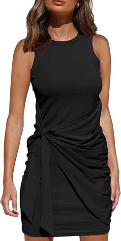 فستان EFOFEI نسائي عتيق برقبة دائرية وقصة ضيقة وربطة عنق واسط فستان صيفي مكشكش كاجوال مطوي قصير in Kuwait