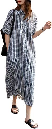 chouyatou Women's Summer Lapel Short Sleeve Dress Button Front Plaid Cotton Midi Shirt Dress with Pockets in Saudi Arabia