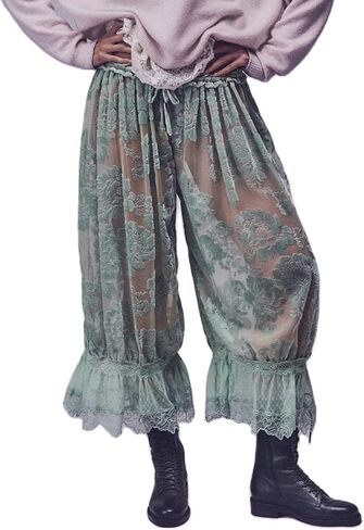 Women Lace Trim Long Bloomers Y2k Elastic Mid Rise Floral Ruffle Pantaloons Flared Slips Pants Pajama Bottoms in Saudi Arabia