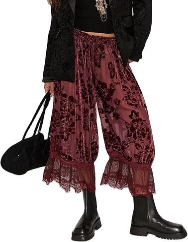 Women Lace Trim Long Bloomers Y2k Elastic Mid Rise Floral Ruffle Pantaloons Flared Slips Pants Pajama Bottoms in Kuwait