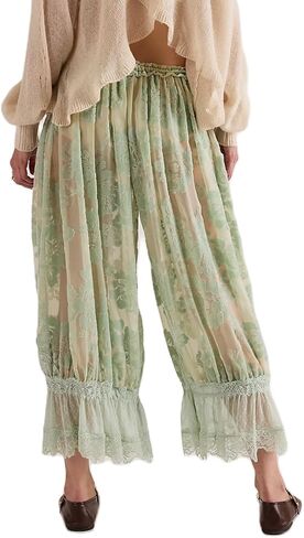 Women Lace Trim Long Bloomers Y2k Elastic Mid Rise Floral Ruffle Pantaloons Flared Slips Pants Pajama Bottoms in Saudi Arabia