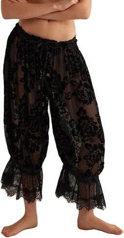 Women Lace Trim Long Bloomers Y2k Elastic Mid Rise Floral Ruffle Pantaloons Flared Slips Pants Pajama Bottoms in Saudi Arabia