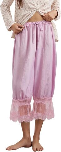 Women Lace Trim Long Bloomers Y2k Elastic Mid Rise Floral Ruffle Pantaloons Flared Slips Pants Pajama Bottoms in Saudi Arabia