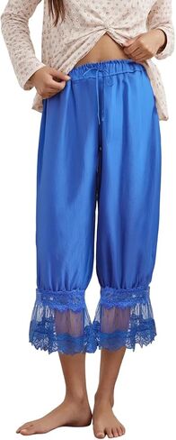 Women Lace Trim Long Bloomers Y2k Elastic Mid Rise Floral Ruffle Pantaloons Flared Slips Pants Pajama Bottoms in Saudi Arabia