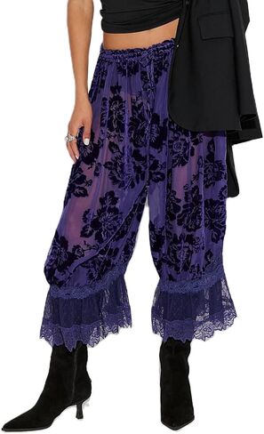 Women Lace Trim Long Bloomers Y2k Elastic Mid Rise Floral Ruffle Pantaloons Flared Slips Pants Pajama Bottoms in Saudi Arabia