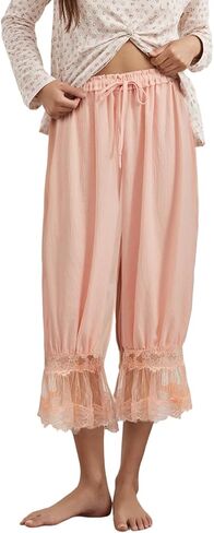 Women Lace Trim Long Bloomers Y2k Elastic Mid Rise Floral Ruffle Pantaloons Flared Slips Pants Pajama Bottoms in Saudi Arabia