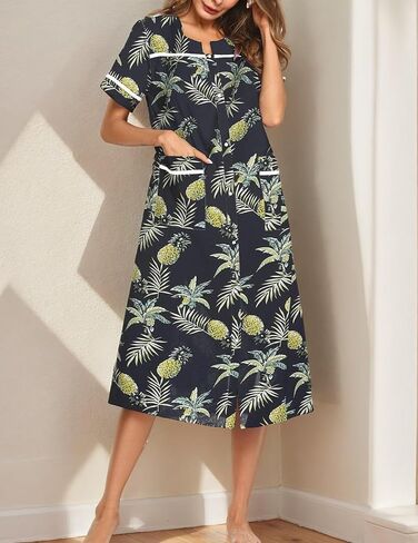 Womens Snap Front Dusters Cotton Housecoat Short Sleeve Nightgown House Dress With Pockets in Saudi Arabia