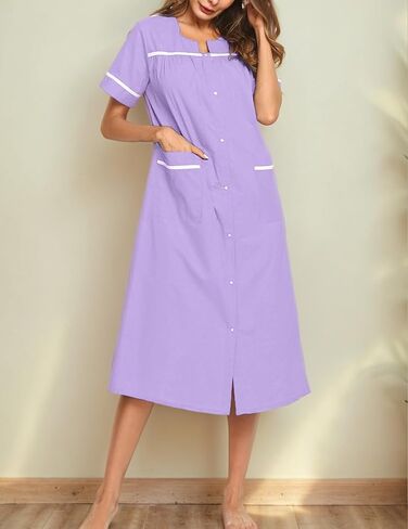Womens Snap Front Dusters Cotton Housecoat Short Sleeve Nightgown House Dress With Pockets in Saudi Arabia
