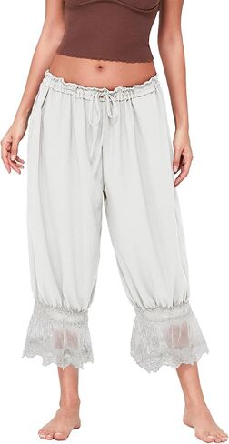 Women Lace Trim Long Bloomers Y2k Elastic Mid Rise Floral Ruffle Pantaloons Flared Slips Pants Pajama Bottoms in Saudi Arabia