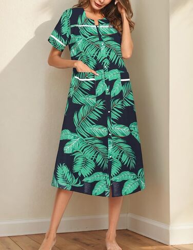Womens Snap Front Dusters Cotton Housecoat Short Sleeve Nightgown House Dress With Pockets in Saudi Arabia