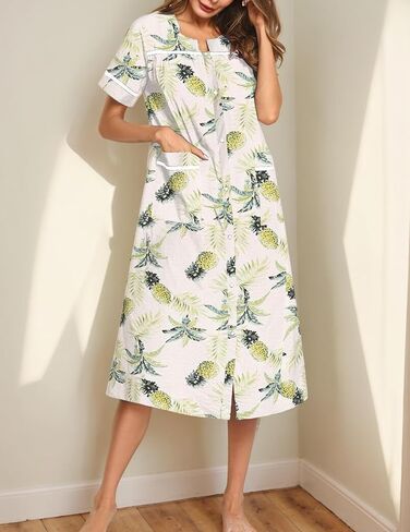 Womens Snap Front Dusters Cotton Housecoat Short Sleeve Nightgown House Dress With Pockets in Saudi Arabia