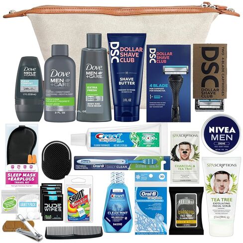 Convenience Kits International Men’s Super Premium 35 PC Travel Kit Featuring: Travel-Size Hair Care Products Plus Face, Body, Oral Care, Travel Essentials in Large Ivory Canvas Toiletry Bag in Kuwait
