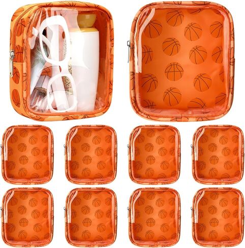 10 Pcs Basketball Clear Makeup Bag Basketball Sport Cosmetic Snack Goodie Bag with Zipper Handle PVC Pouch Waterproof Travel Toiletry Handbag Accessories for Woman Friends Birthday Team Gift in Kuwait