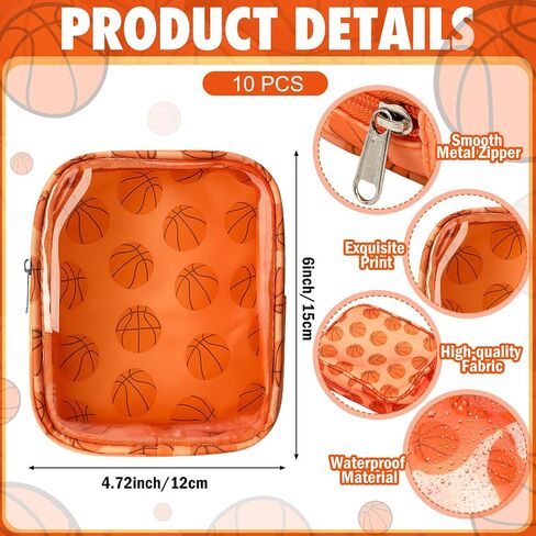 10 Pcs Basketball Clear Makeup Bag Basketball Sport Cosmetic Snack Goodie Bag with Zipper Handle PVC Pouch Waterproof Travel Toiletry Handbag Accessories for Woman Friends Birthday Team Gift in Kuwait
