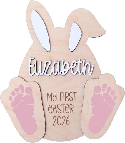 Personalized Baby First Easter Sign with Footprint Cutouts, Wooden Bunny Shape Memory Board, Customizable Name and Year, Easter Keepsake Decoration (Style 1) in Kuwait