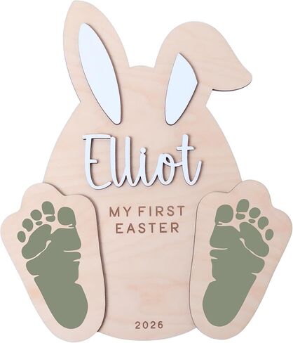 Personalized Baby First Easter Sign with Footprint Cutouts, Wooden Bunny Shape Memory Board, Customizable Name and Year, Easter Keepsake Decoration (Style 1) in Saudi Arabia