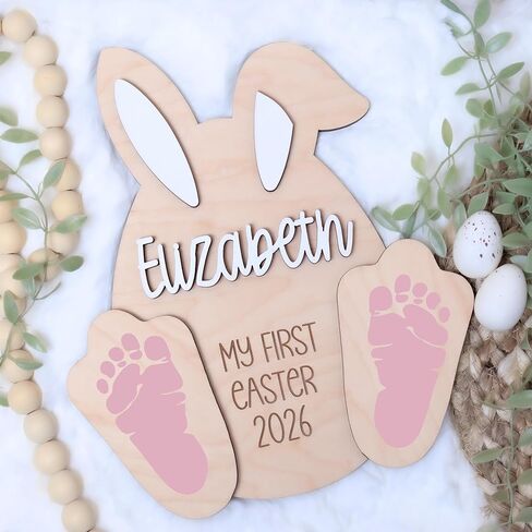 Personalized Baby First Easter Sign with Footprint Cutouts, Wooden Bunny Shape Memory Board, Customizable Name and Year, Easter Keepsake Decoration (Style 1) in Saudi Arabia