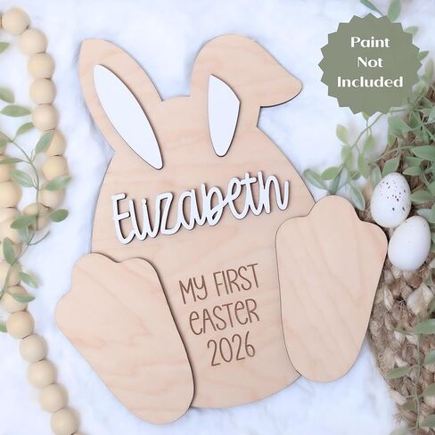 Personalized Baby First Easter Sign with Footprint Cutouts, Wooden Bunny Shape Memory Board, Customizable Name and Year, Easter Keepsake Decoration (Style 1) in Saudi Arabia
