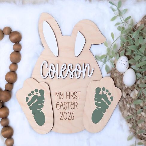 Personalized Baby First Easter Sign with Footprint Cutouts, Wooden Bunny Shape Memory Board, Customizable Name and Year, Easter Keepsake Decoration (Style 1) in Saudi Arabia