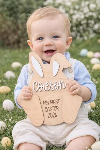 Personalized Baby First Easter Sign with Footprint Cutouts, Wooden Bunny Shape Memory Board, Customizable Name and Year, Easter Keepsake Decoration (Style 1) in Saudi Arabia