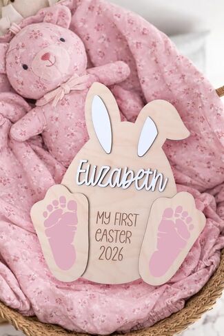 Personalized Baby First Easter Sign with Footprint Cutouts, Wooden Bunny Shape Memory Board, Customizable Name and Year, Easter Keepsake Decoration (Style 1) in Saudi Arabia