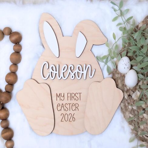 Personalized Baby First Easter Sign with Footprint Cutouts, Wooden Bunny Shape Memory Board, Customizable Name and Year, Easter Keepsake Decoration (Style 1) in Saudi Arabia