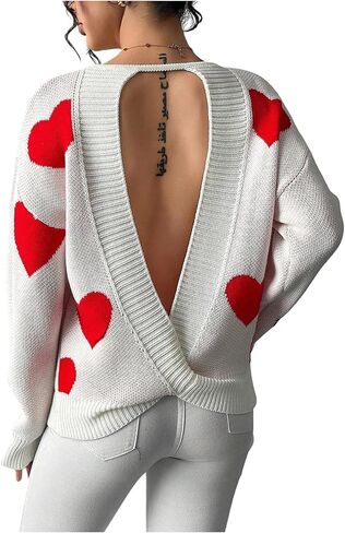 Verdusa Women's Heart Cut Out Backless Lightweight Sweaters Colorblock Knit Tops Early Fall Fashion in Saudi Arabia