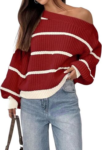 Verdusa Women's Oversized Off The Shoulder Sweater Chunky Knit Striped Long Sleeve Pullover Tops Fall Clothes in Saudi Arabia