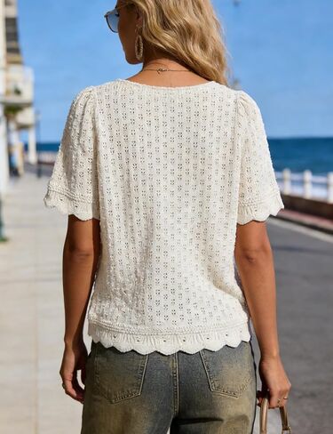 بلوفر نسائي من القطن بأكمام قصيرة منسوج من الكروشيه مع تصميم بحاشية صدفية (بيج-L) in Kuwait