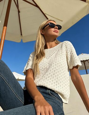 بلوفر نسائي من القطن بأكمام قصيرة منسوج من الكروشيه مع تصميم بحاشية صدفية (بيج-L) in Kuwait