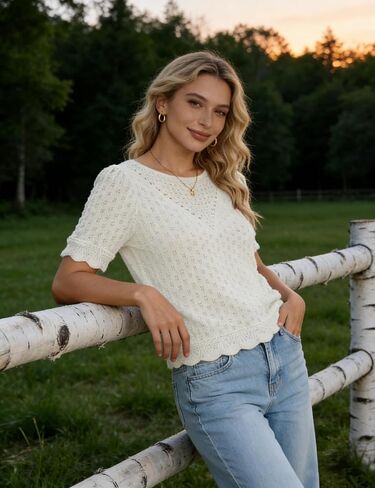 بلوفر نسائي من القطن بأكمام قصيرة منسوج من الكروشيه مع تصميم بحاشية صدفية (بيج-L) in Kuwait