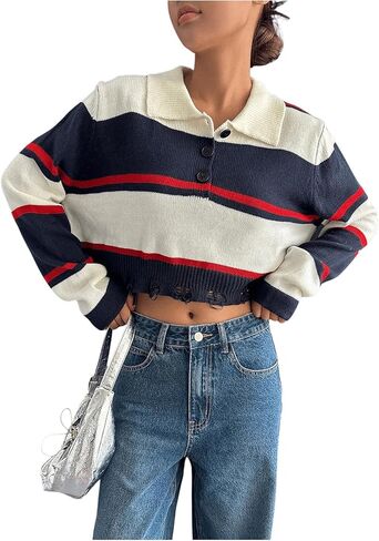 WDIRARA Women's Colorblock Ripped Sweater Long Sleeve Collar Pullovers Knit Crop Tops in Saudi Arabia