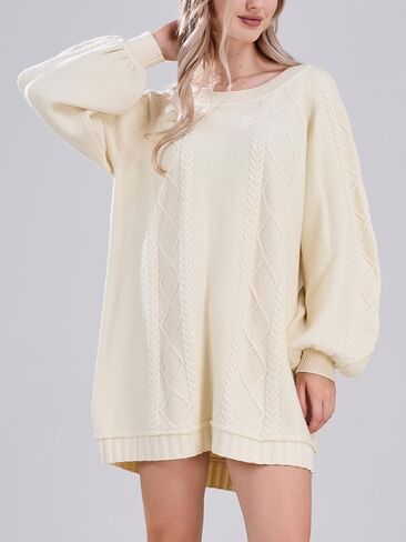 Womens Long Sleeve Pullover Oversized Cable Knit Chunky Mini Sweater Dress Fall Winter Trendy Outfits in Saudi Arabia
