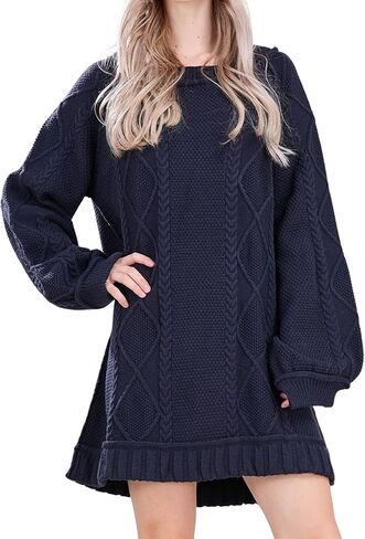 Womens Long Sleeve Pullover Oversized Cable Knit Chunky Mini Sweater Dress Fall Winter Trendy Outfits in Saudi Arabia