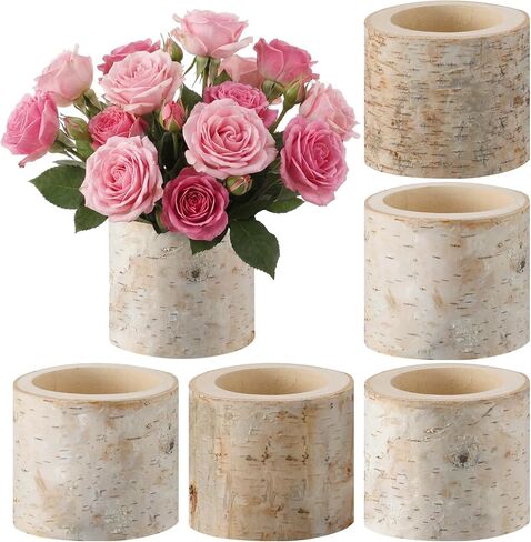 6 Pcs Natural Birch Vase Wooden Vase Natural Birch Bark Flower Pots Country Style Wood Planter for Garden Wedding Party Window Home Farmhouse Centerpieces in Kuwait